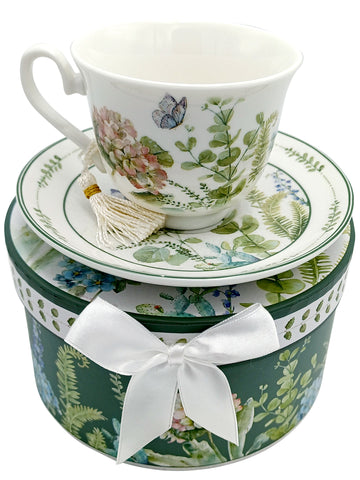 Cup & Saucer Set With Matching Gift Box Hydrangea Design