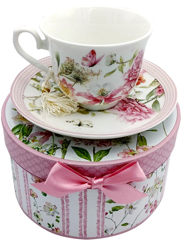 Cup & Saucer Set With Matching Gift Box Pink Peony Design