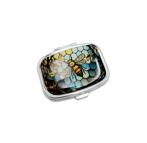 Pill Box Bee on Blue Honeycomb Silver