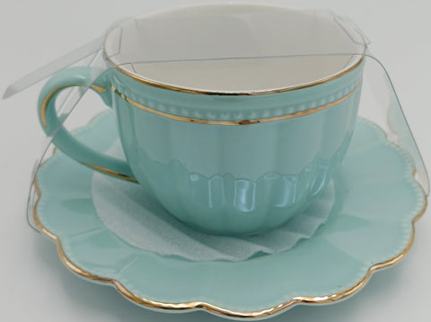 Cup & Saucer Teal With Gold Accents
