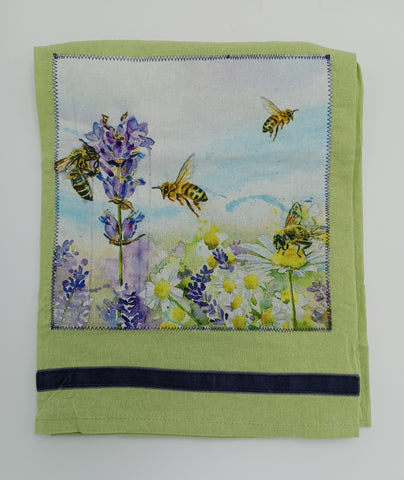 Towel Kitchen Bees Lavender Daisies on Green