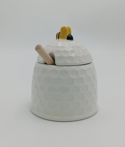 Honey Pot White Ceramic, Bee On Top with Dipper
