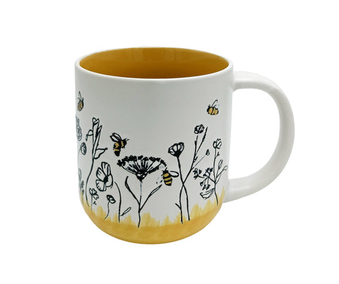 Cup Mug Cream with Black Bees and Flowers, Gold Inside