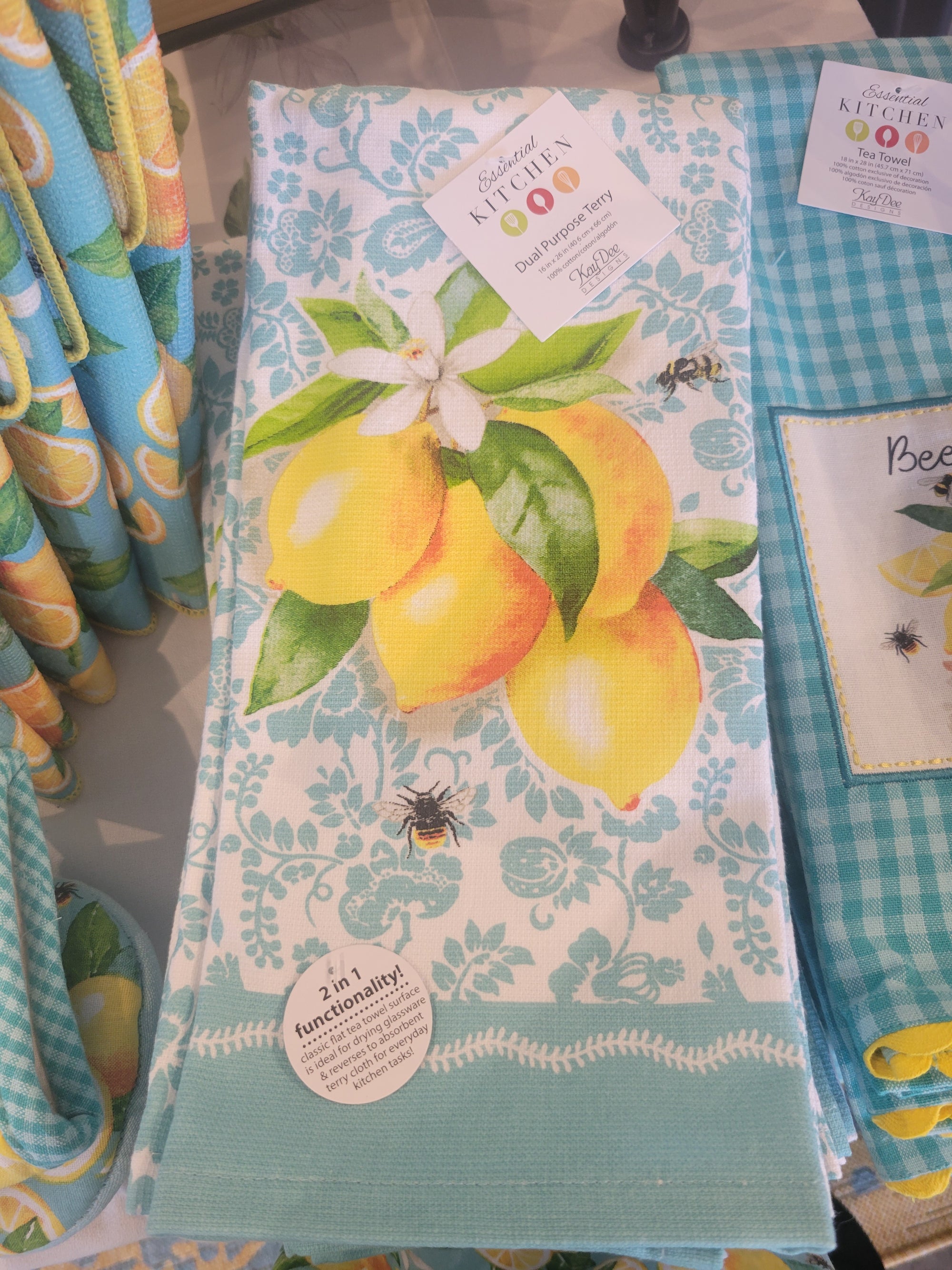 Kitchen Towel Bee Zesty 4 Lemons Blue White Background