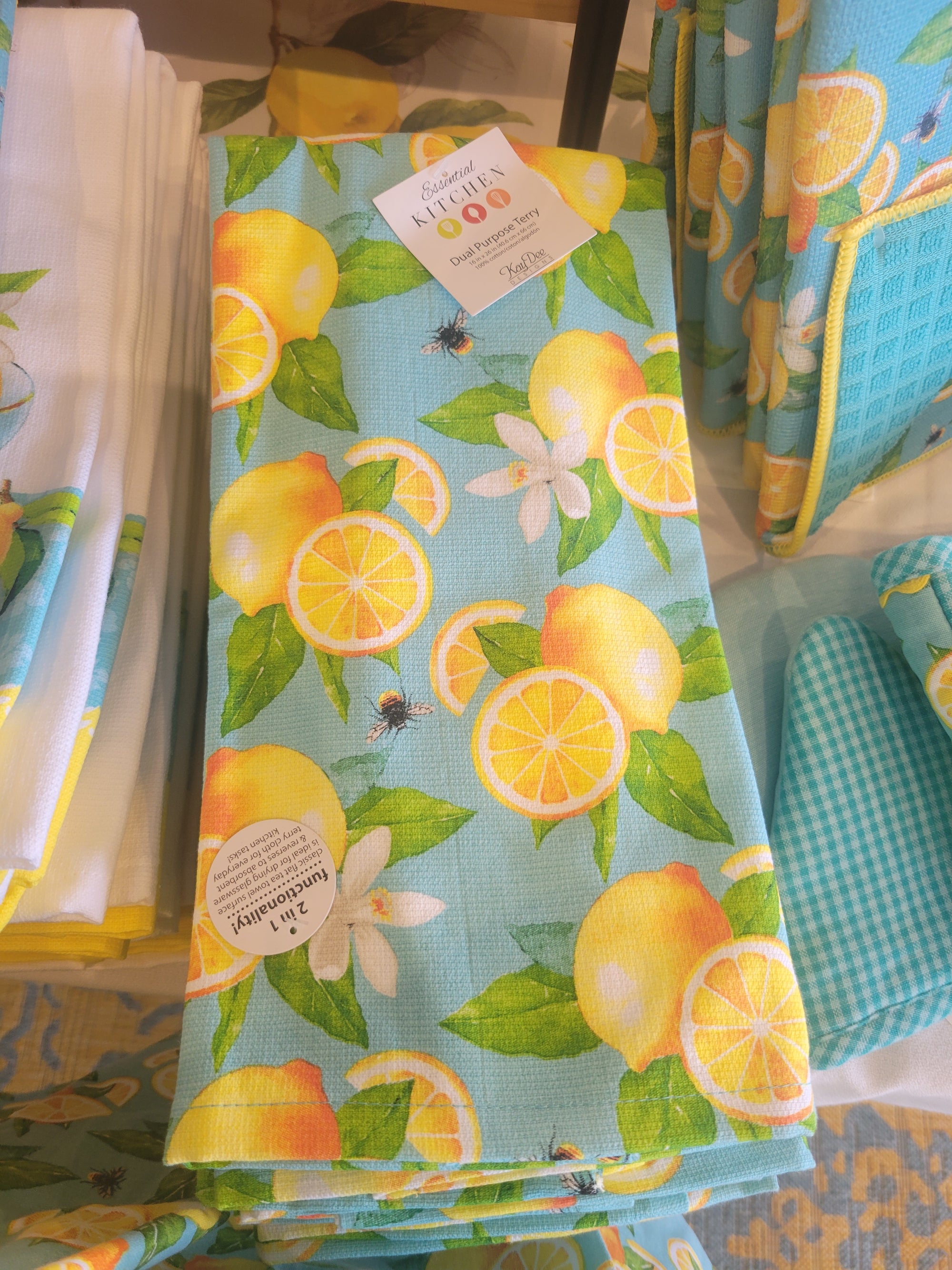 Kitchen Towel Bee Zesty Toss Lemons on Lt Blue Overall Print
