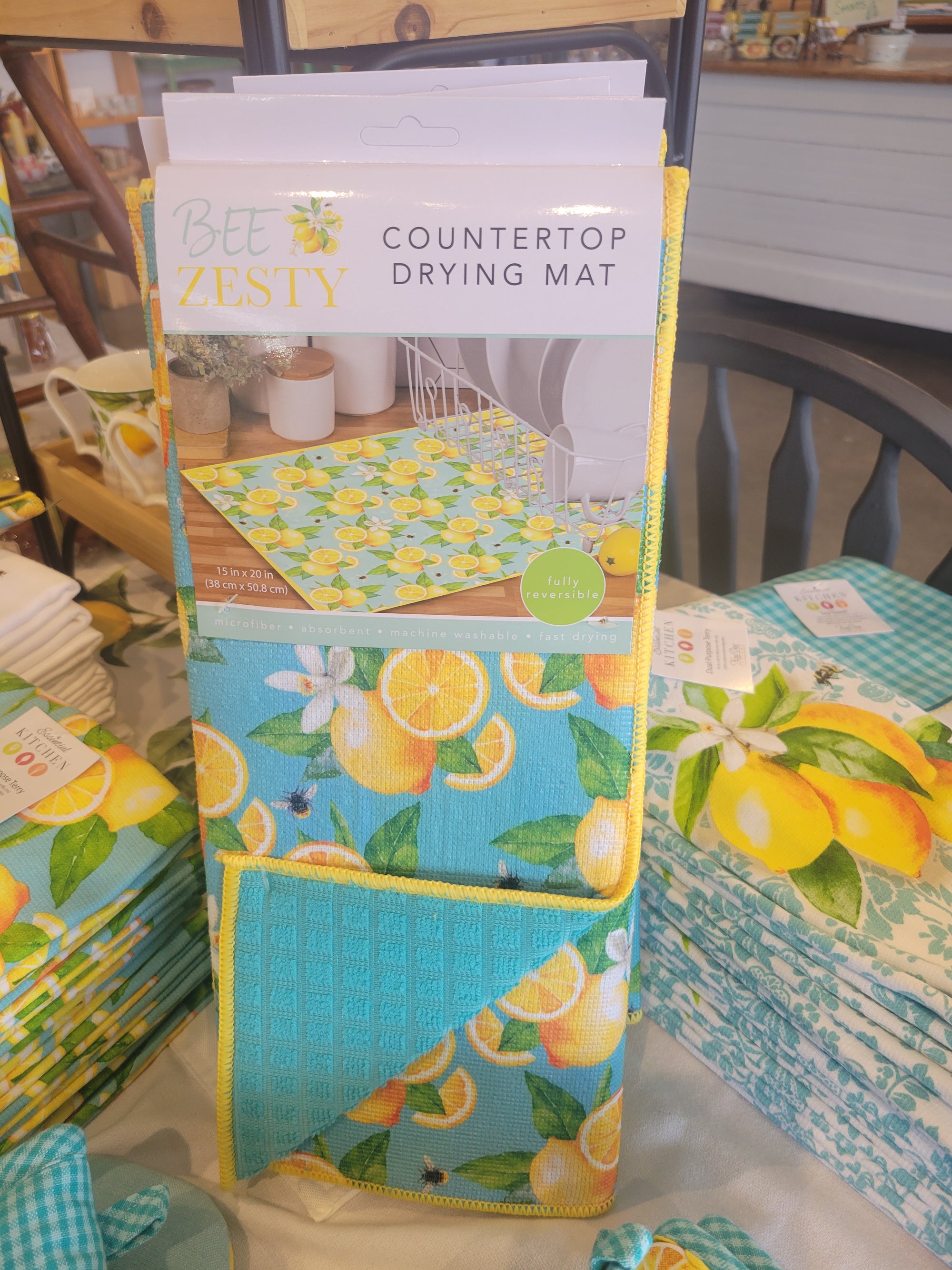Kitchen Drying Mat Bee Zesty Overall Lemon on Lt Blue