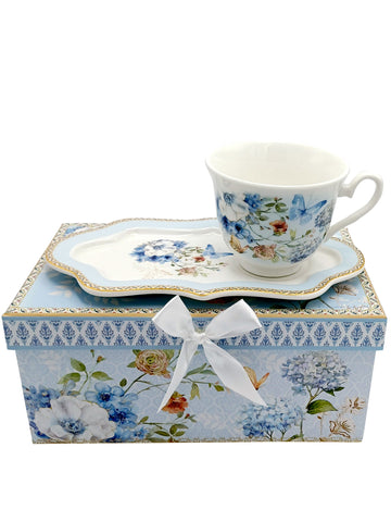 Cup & Plate Porcelain Blue Butterfly