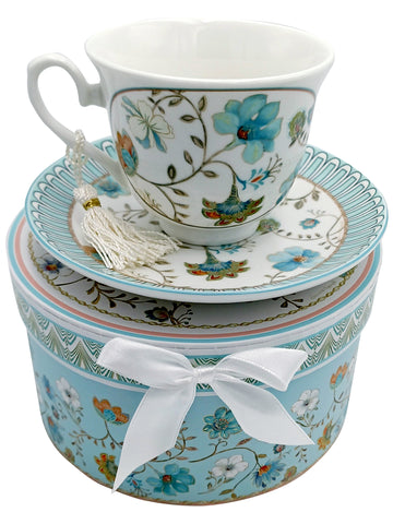 Cup & Saucer Set with Matching Gift Box Blue Romance Design