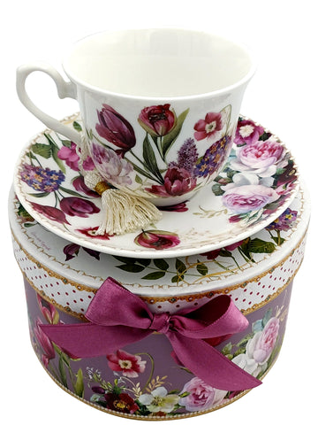 Cup & Saucer Set with Matching Gift Box Tulip Design