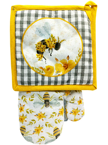 Kitchen Potholder Oven Mitt Set Bee & Yellow Flowers